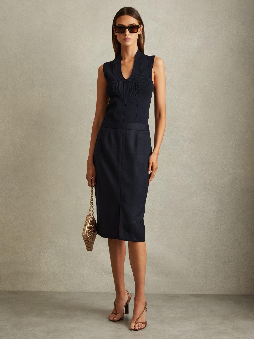Reiss Textured Pencil Midi Suit Skirt In Navy