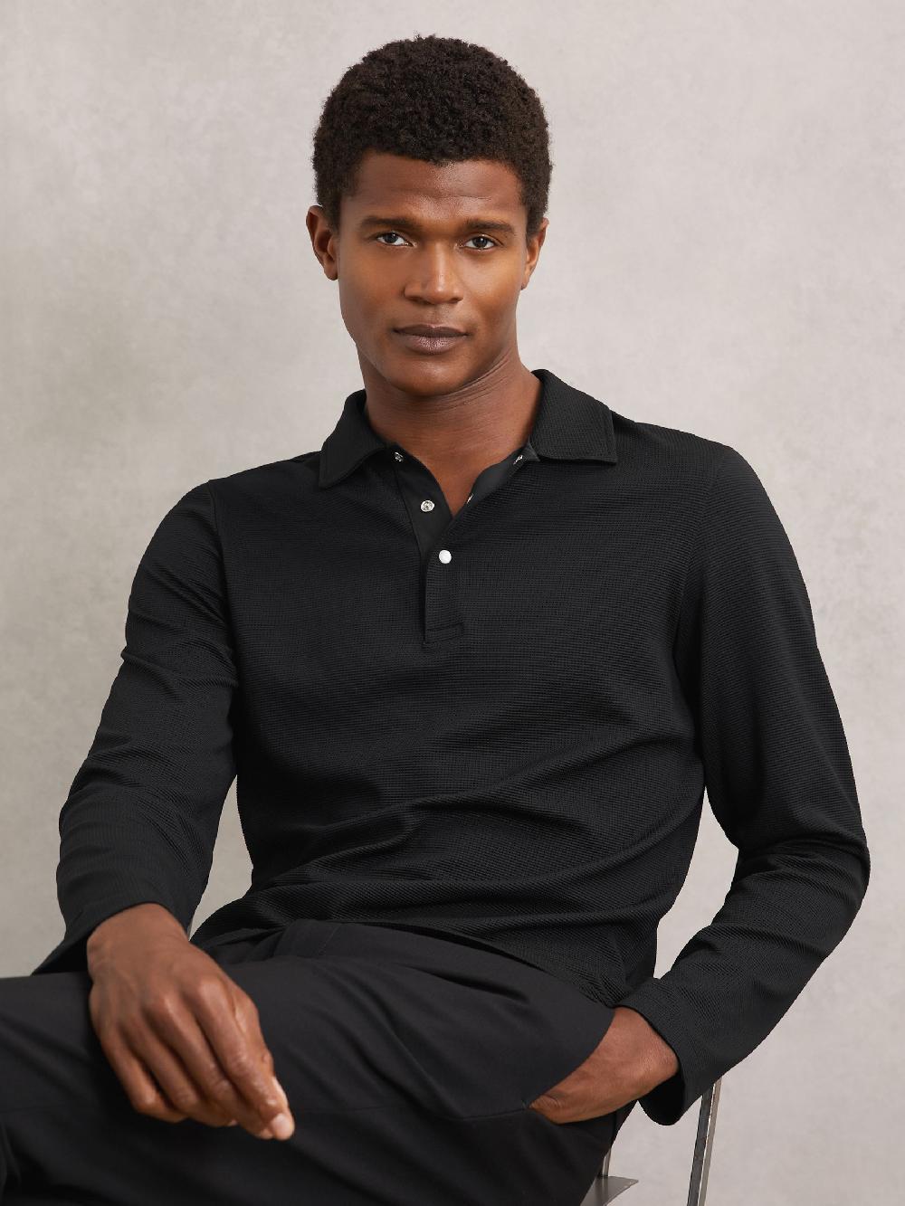 Reiss Textured Press-Stud Polo Shirt In Black