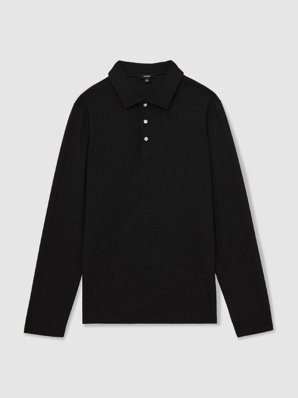 Reiss Textured Press-Stud Polo Shirt In Black