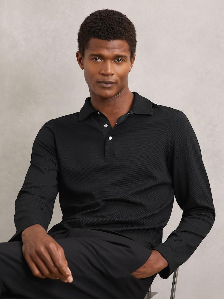reiss Textured Press-Stud Polo Shirt in Black