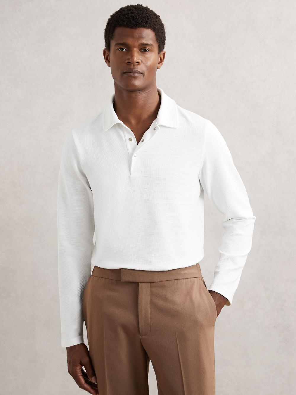Reiss Textured Press-Stud Polo Shirt In White