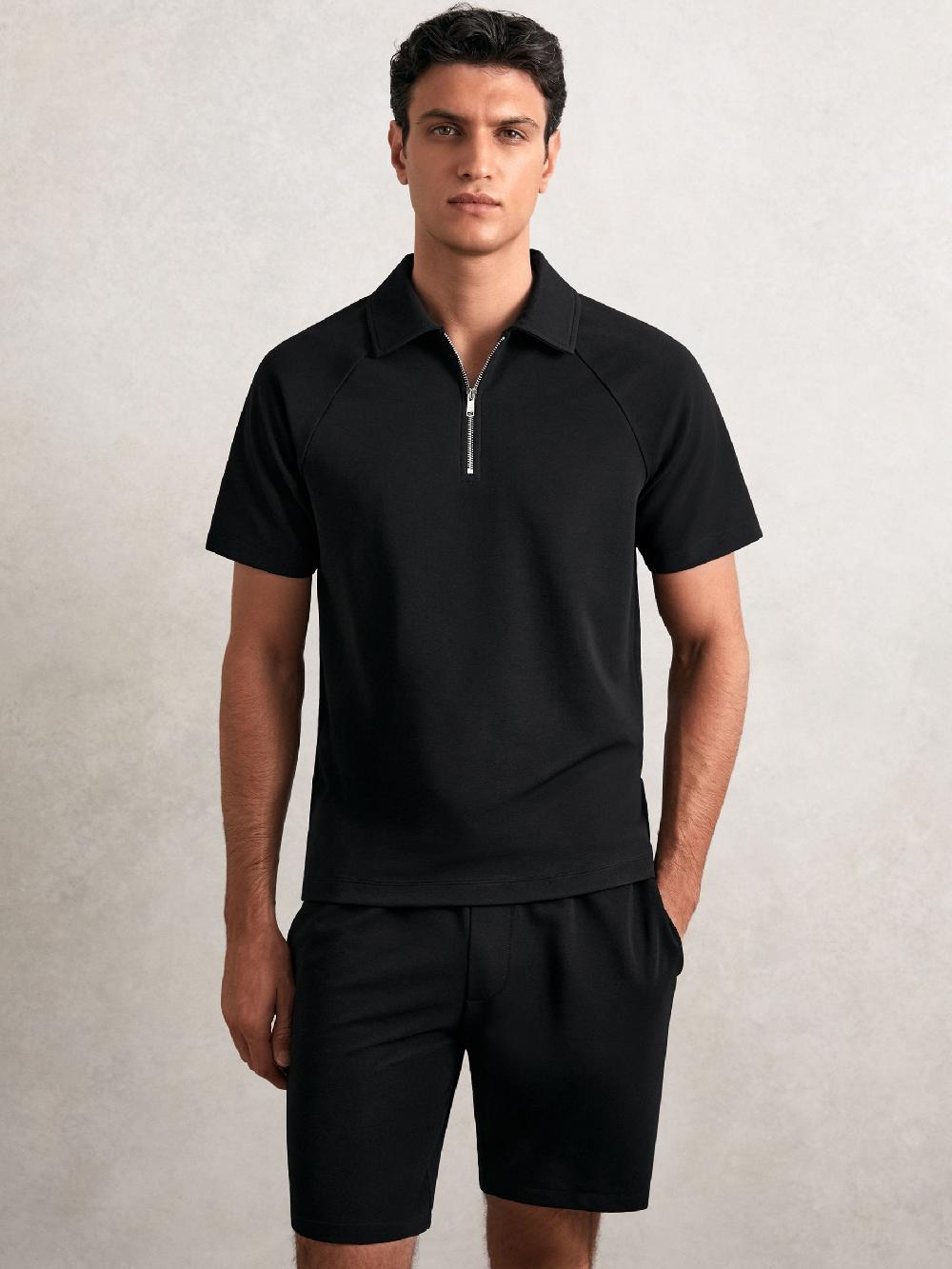 Reiss Textured Raglan Half-Zip Polo Shirt In Black
