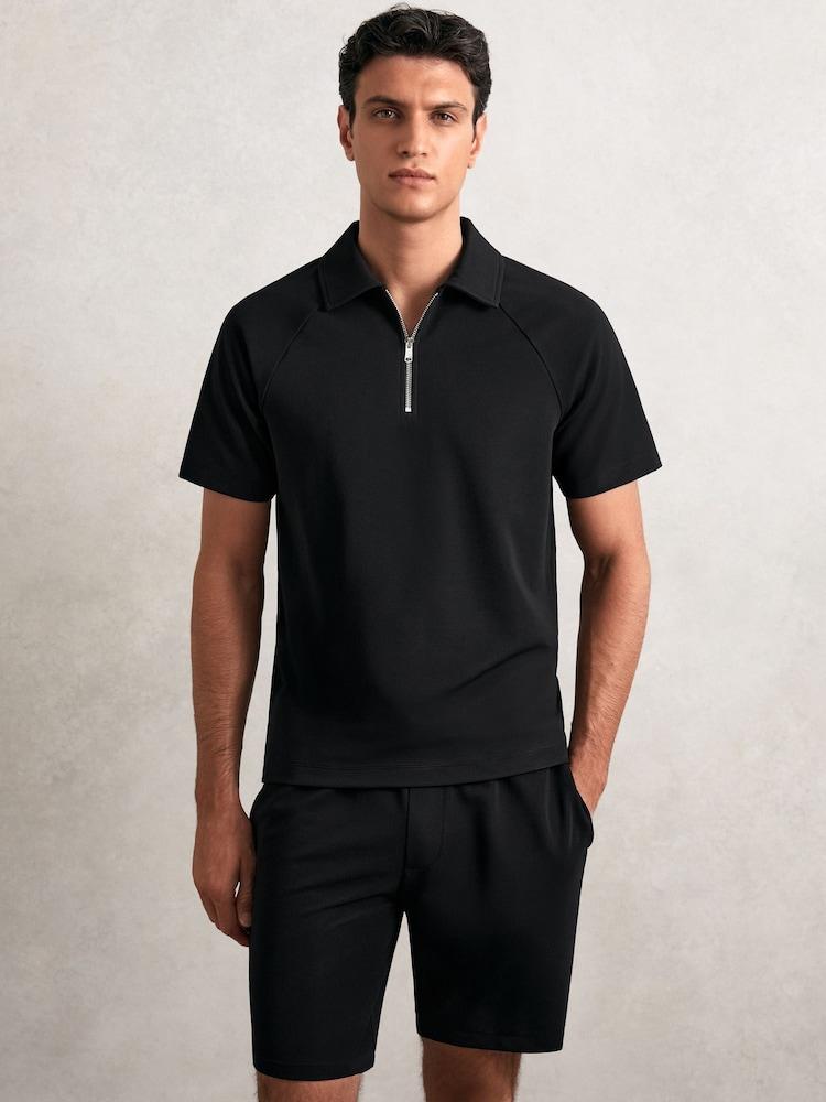 reiss Textured Raglan Half-Zip Polo Shirt in Black