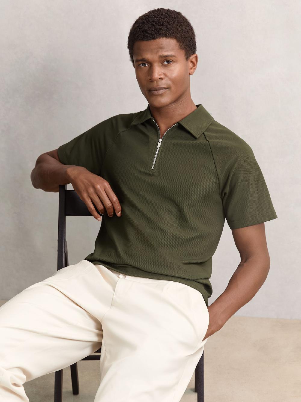 Reiss Textured Raglan Half-Zip Polo Shirt In Green
