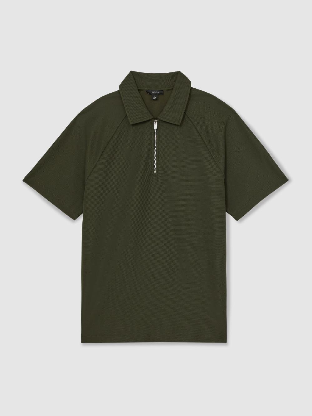 Reiss Textured Raglan Half-Zip Polo Shirt In Green