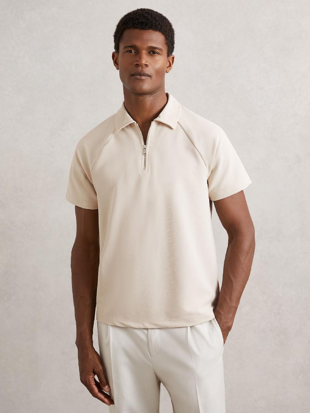 Reiss Textured Raglan Half-Zip Polo Shirt In Stone