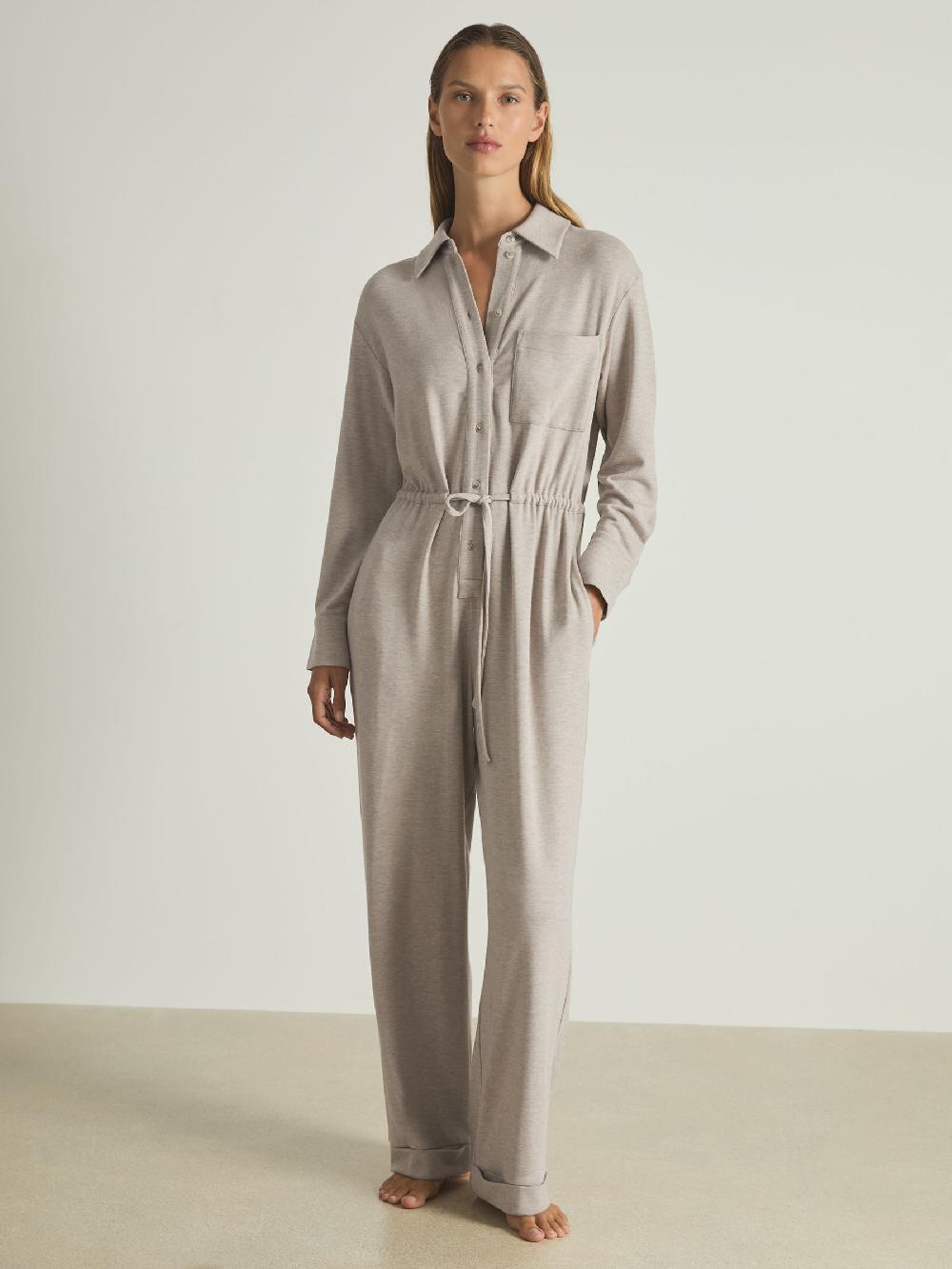 Reiss Thermal Jersey Drawstring Jumpsuit In Fawn