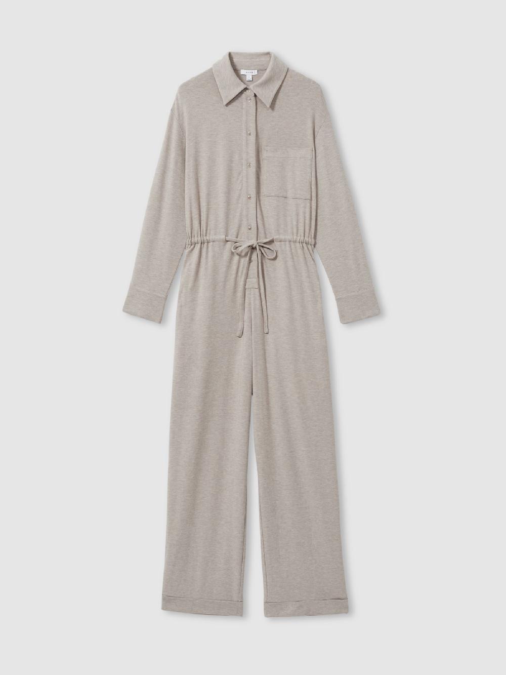 Reiss Thermal Jersey Drawstring Jumpsuit In Fawn