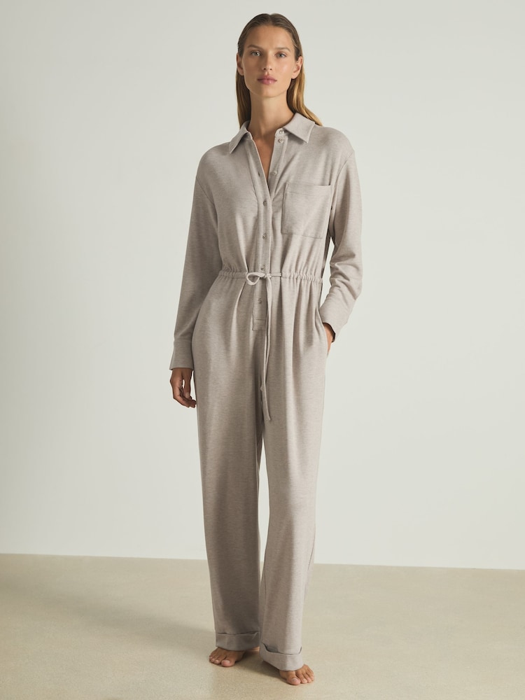 reiss Thermal Jersey Drawstring Jumpsuit in Fawn