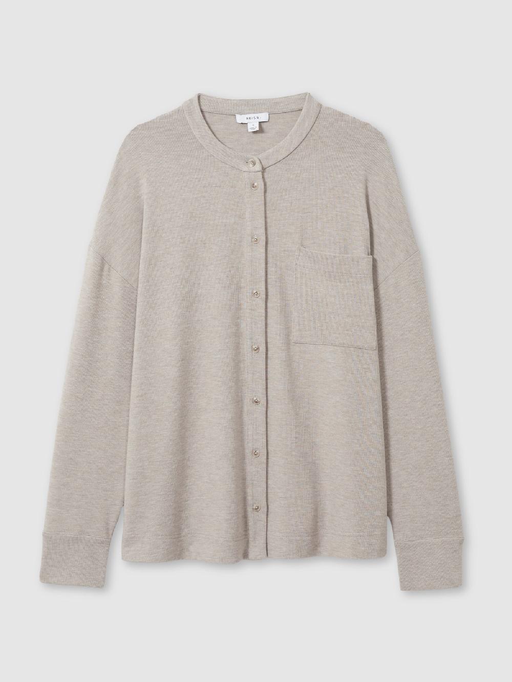Reiss Thermal Jersey Grandad-Collar Shirt In Fawn