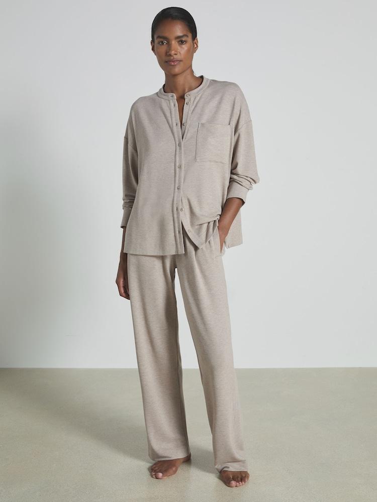 reiss Thermal Jersey Grandad-Collar Shirt in Fawn