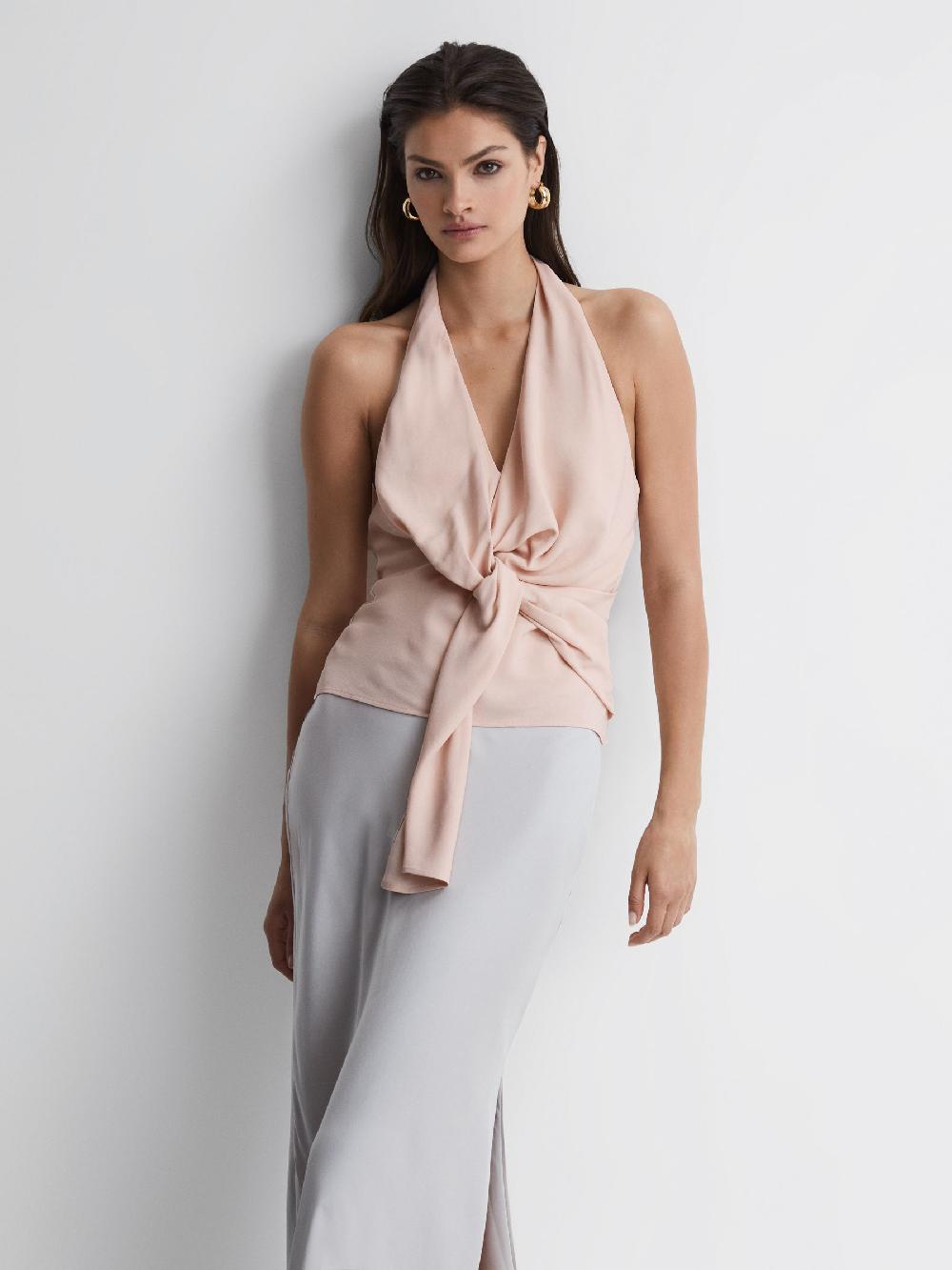 Reiss Tie Halter Neck Blouse In Nude