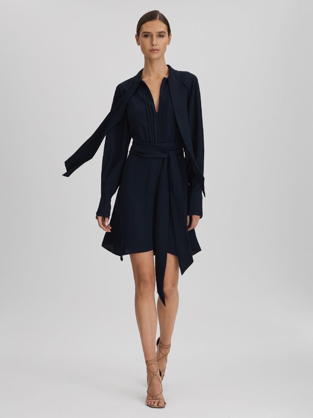 Reiss Tie Neck Zip Front Mini Dress In Navy