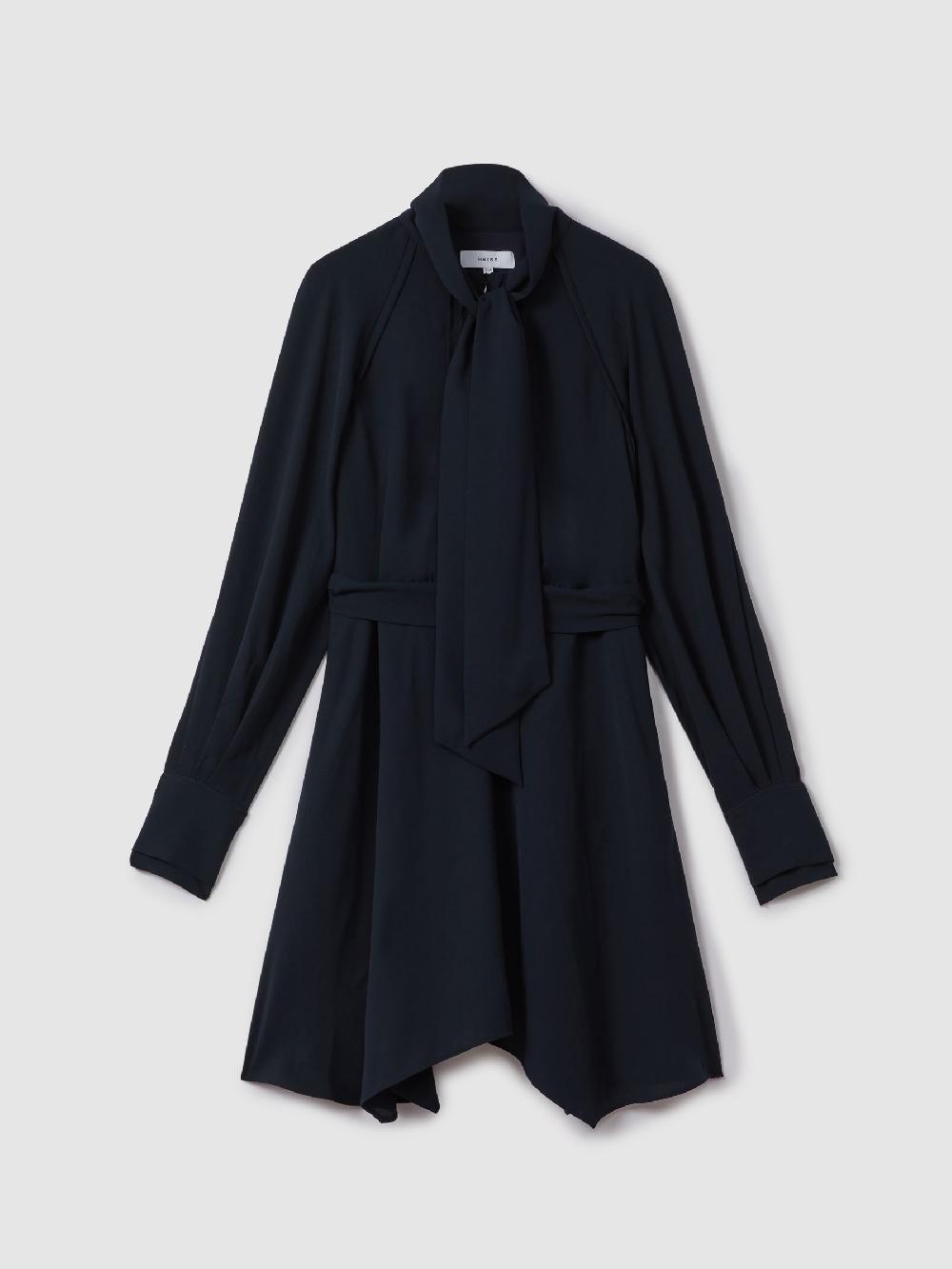 Reiss Tie Neck Zip Front Mini Dress In Navy