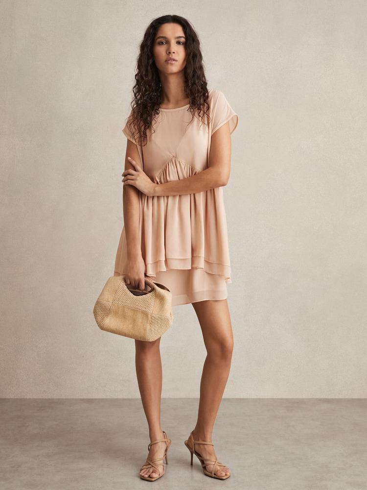 reiss Tiered Mini Dress in Pale Pink