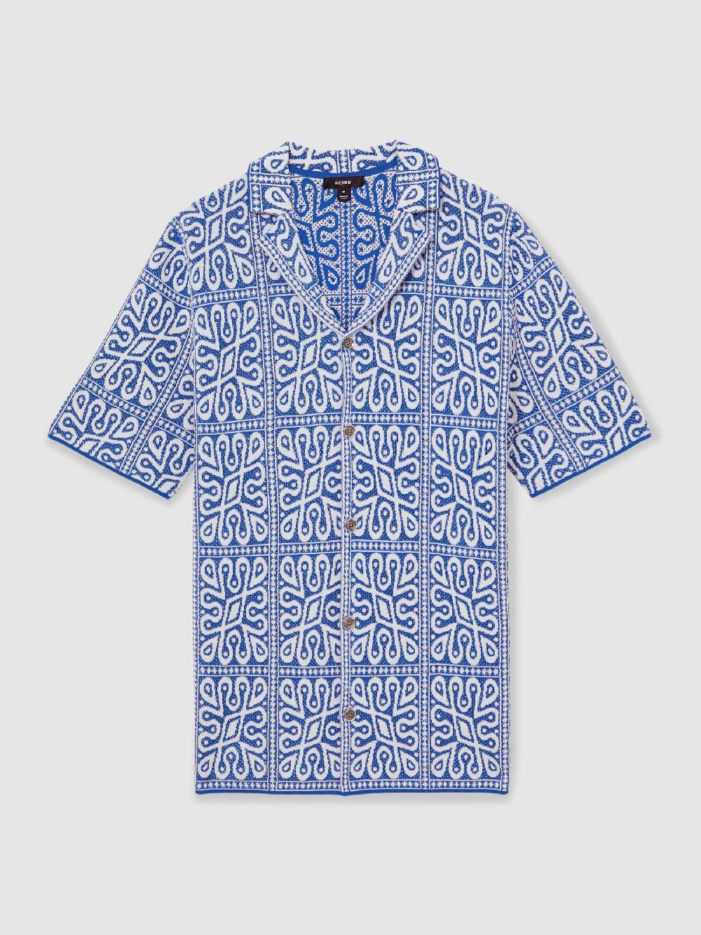 Reiss Tile Pattern Knit Shirt In Blue/White