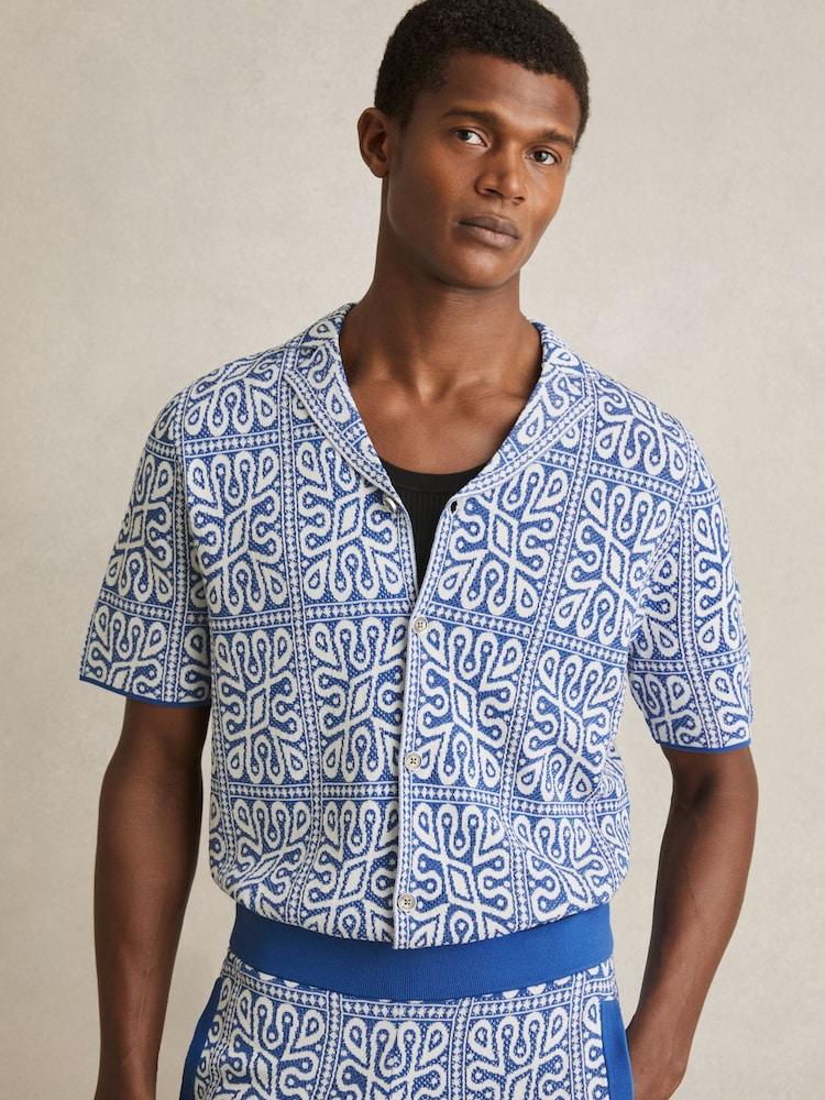 reiss Tile Pattern Knit Shirt in Blue/White