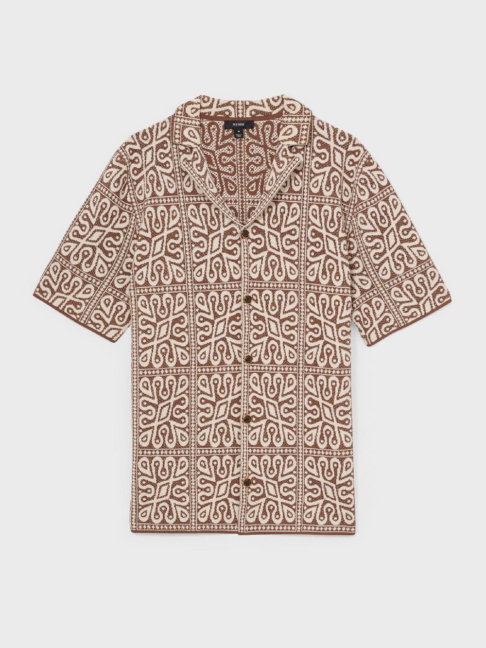 Reiss Tile Pattern Knit Shirt In Brown/White