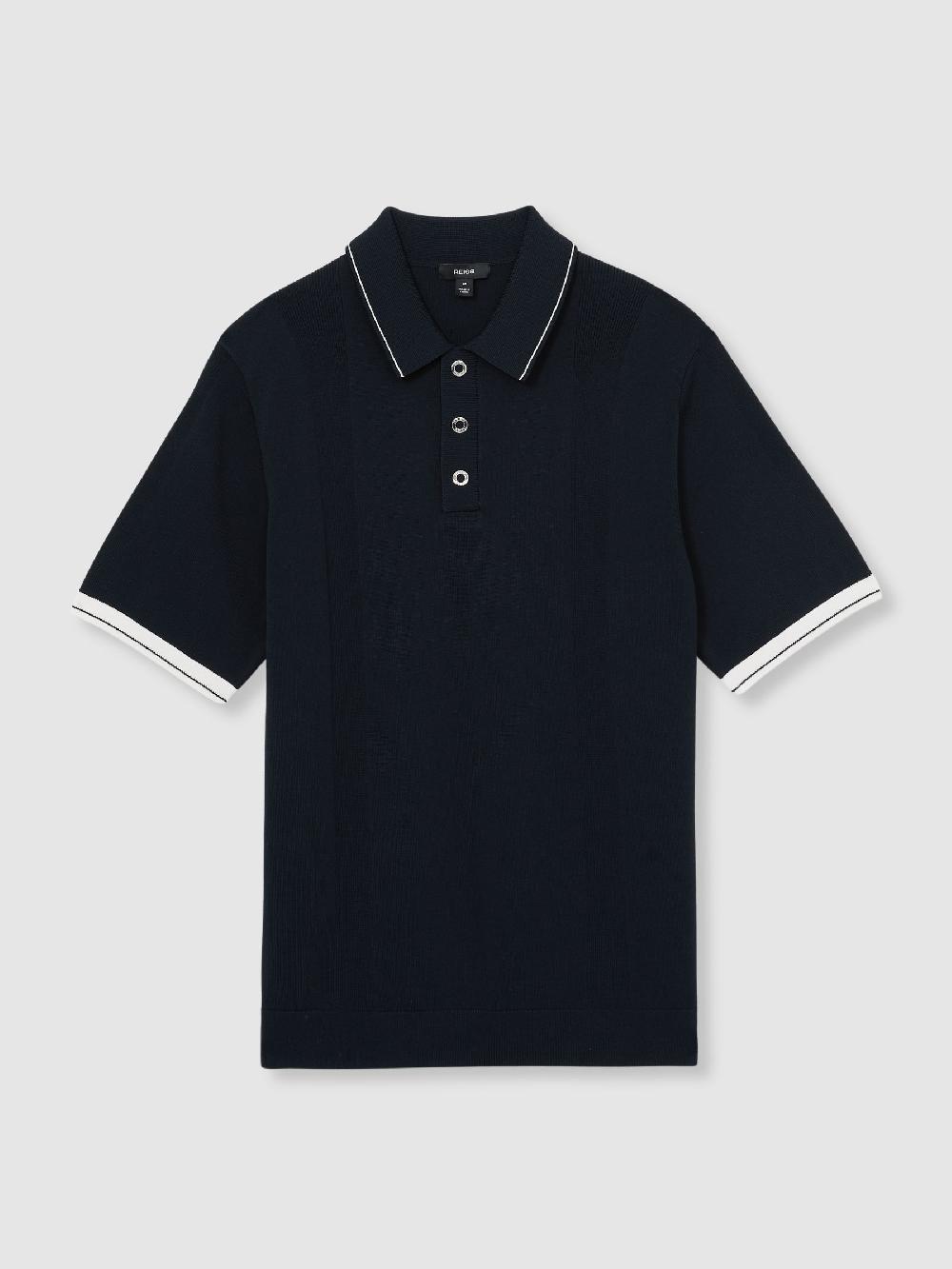 Reiss Tipped Knit Polo Shirt In White/Navy