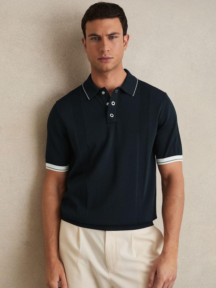 reiss Tipped Knit Polo Shirt in White/Navy