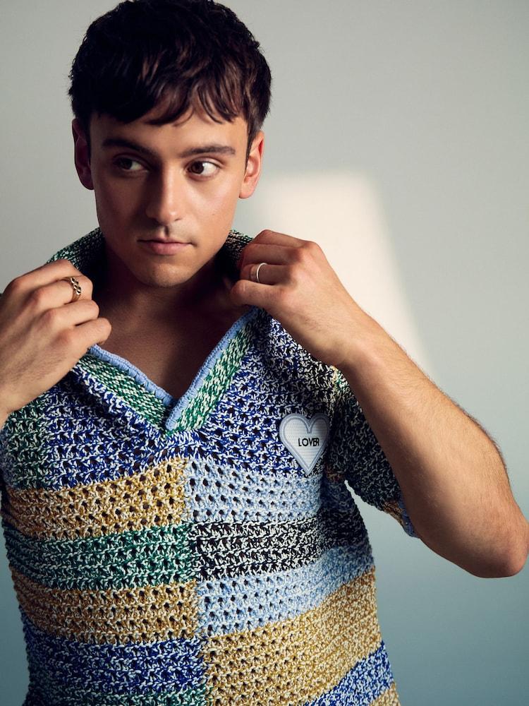 reiss Reiss | Tom Daley Crochet Polo Shirt in Yellow/Green/Blue Multi