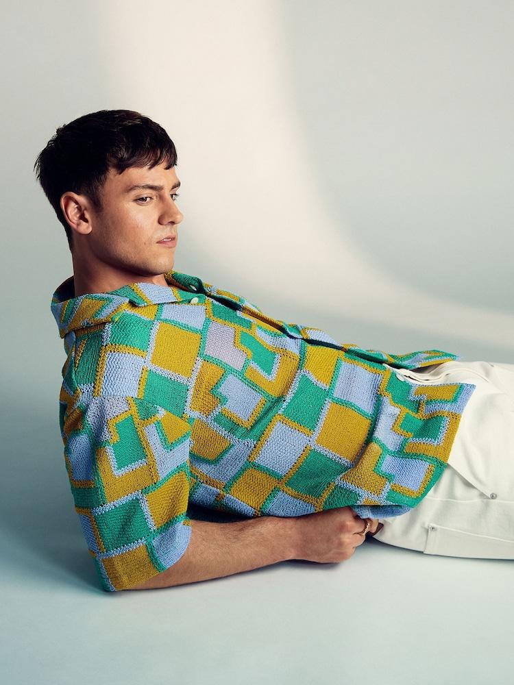 reiss Reiss | Tom Daley Tile Crochet Shirt in Yellow/Green/Blue Multi