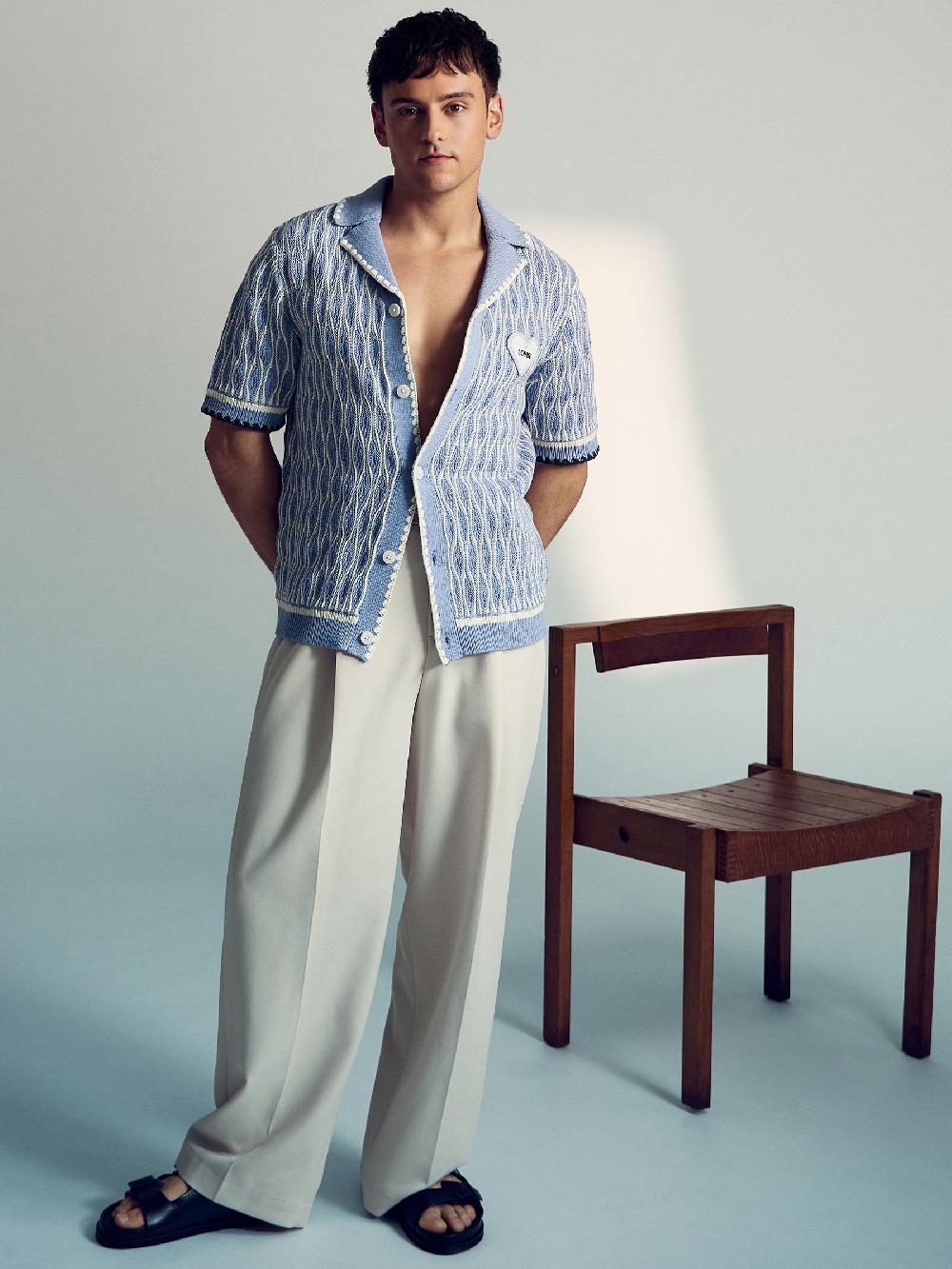 Reiss Tom Daley Wave-Knit Shirt In Soft Blue/White