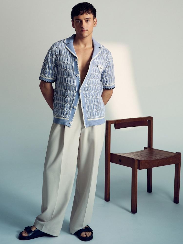 reiss Tom Daley Wave-Knit Shirt in Soft Blue/White