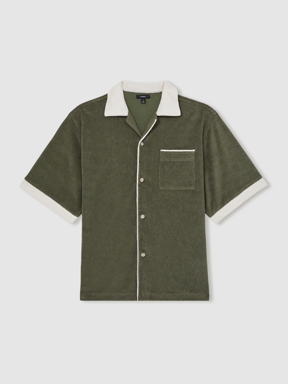 Reiss Towelling Contrast-Trim Shirt In Green/White