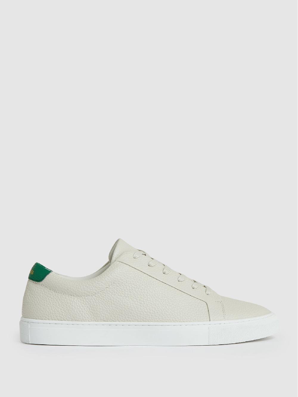 Reiss Tumbled Leather Trainers In Off White/Green