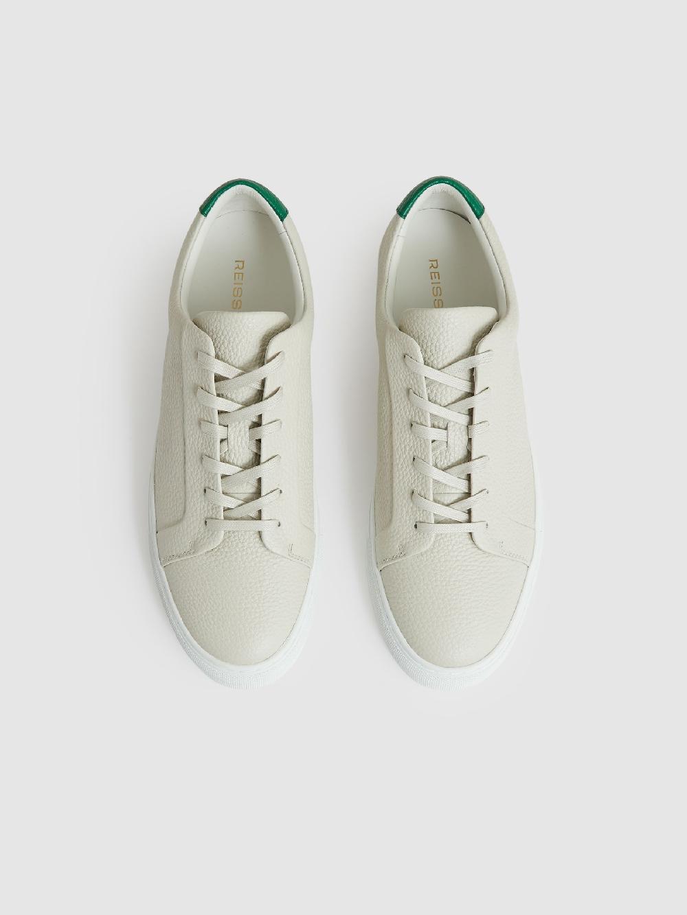 Reiss Tumbled Leather Trainers In Off White/Green