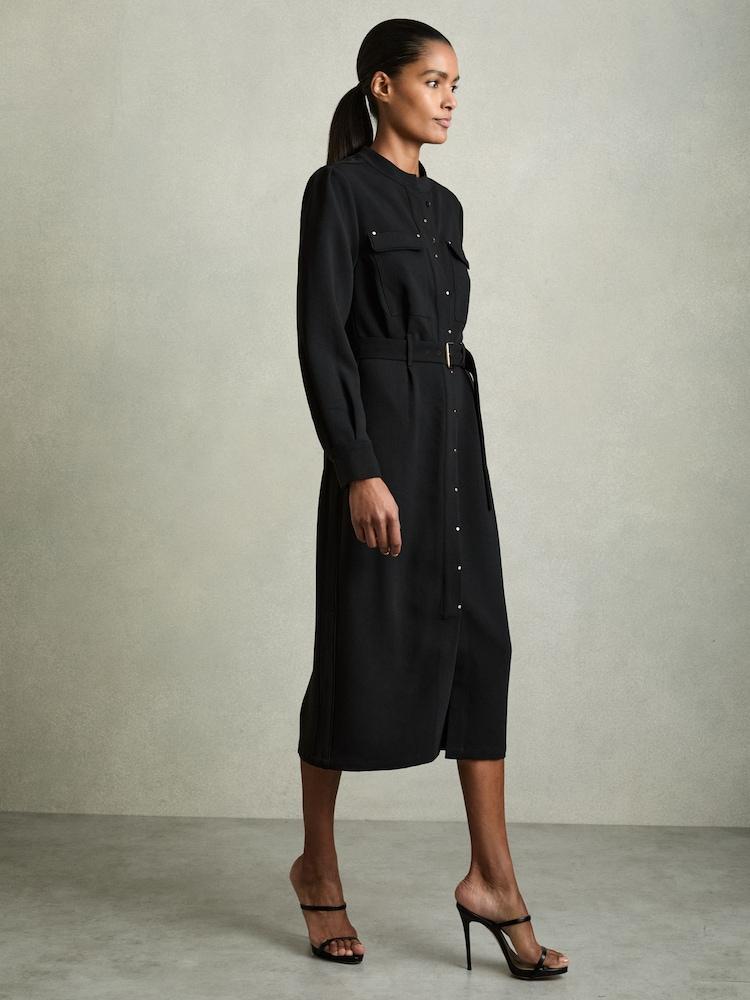 reiss Twill Belted Shirt Dress in Black