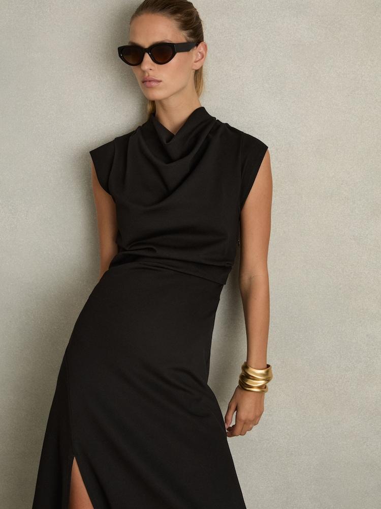 reiss Twill-Jersey Draped Midi Dress in Black