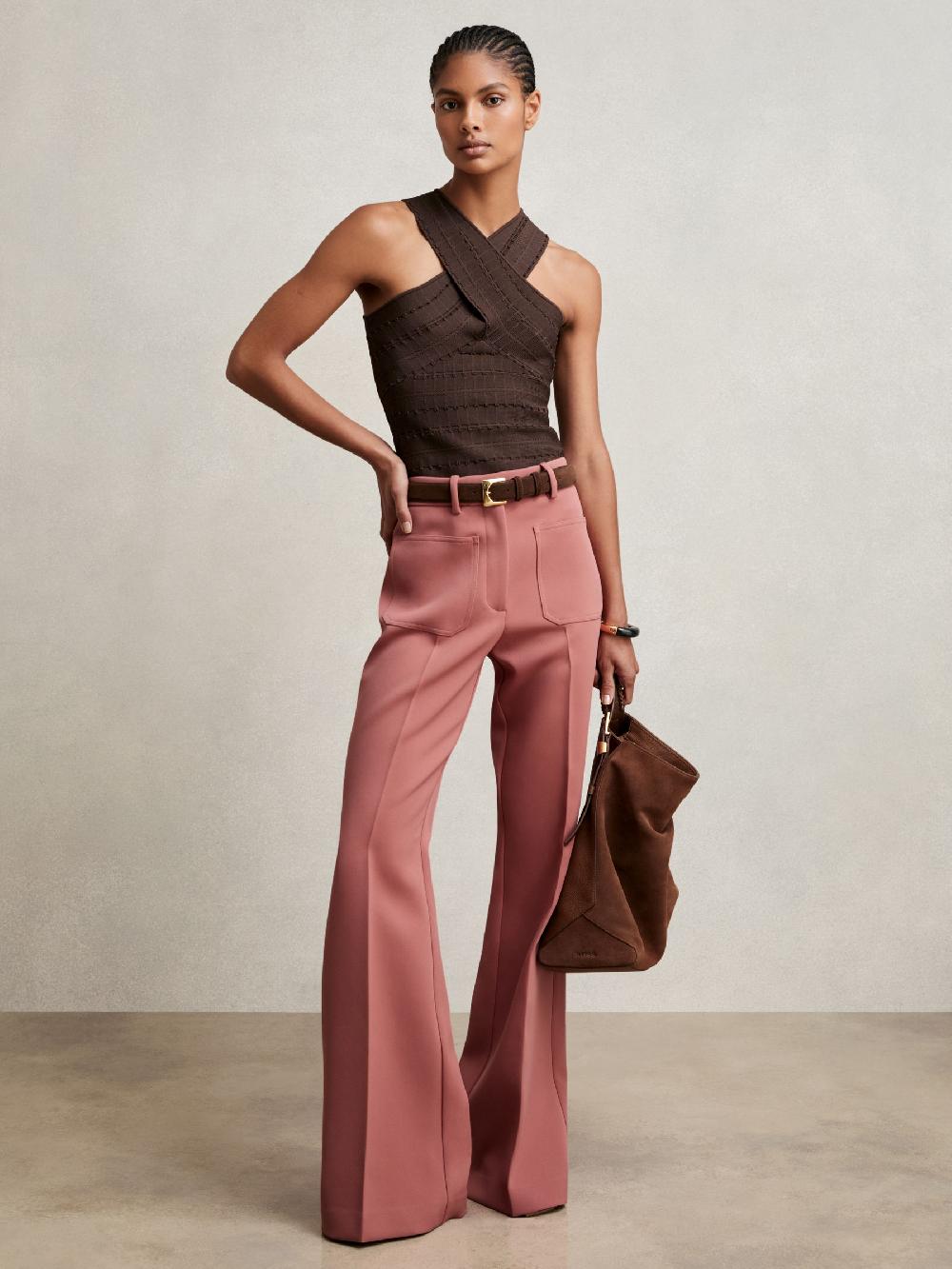 Reiss Twill Patch-Pocket Flared Trousers In Pink