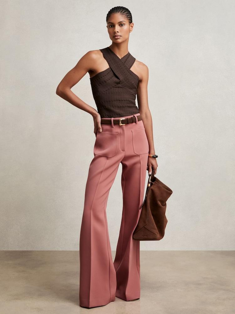 reiss Twill Patch-Pocket Flared Trousers in Pink