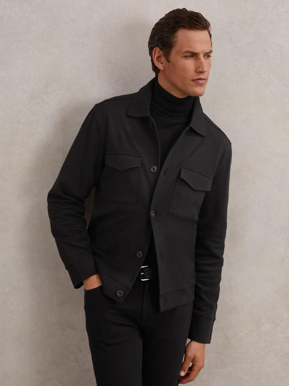 Reiss Twill Twin-Pocket Overshirt In Black