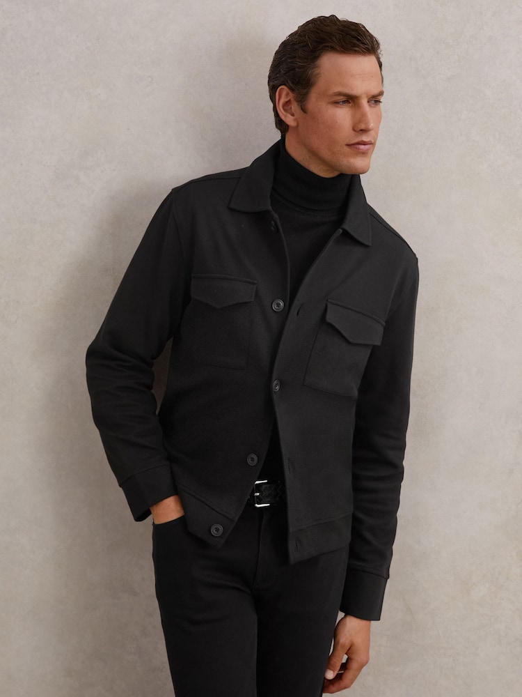 reiss Twill Twin-Pocket Overshirt in Black