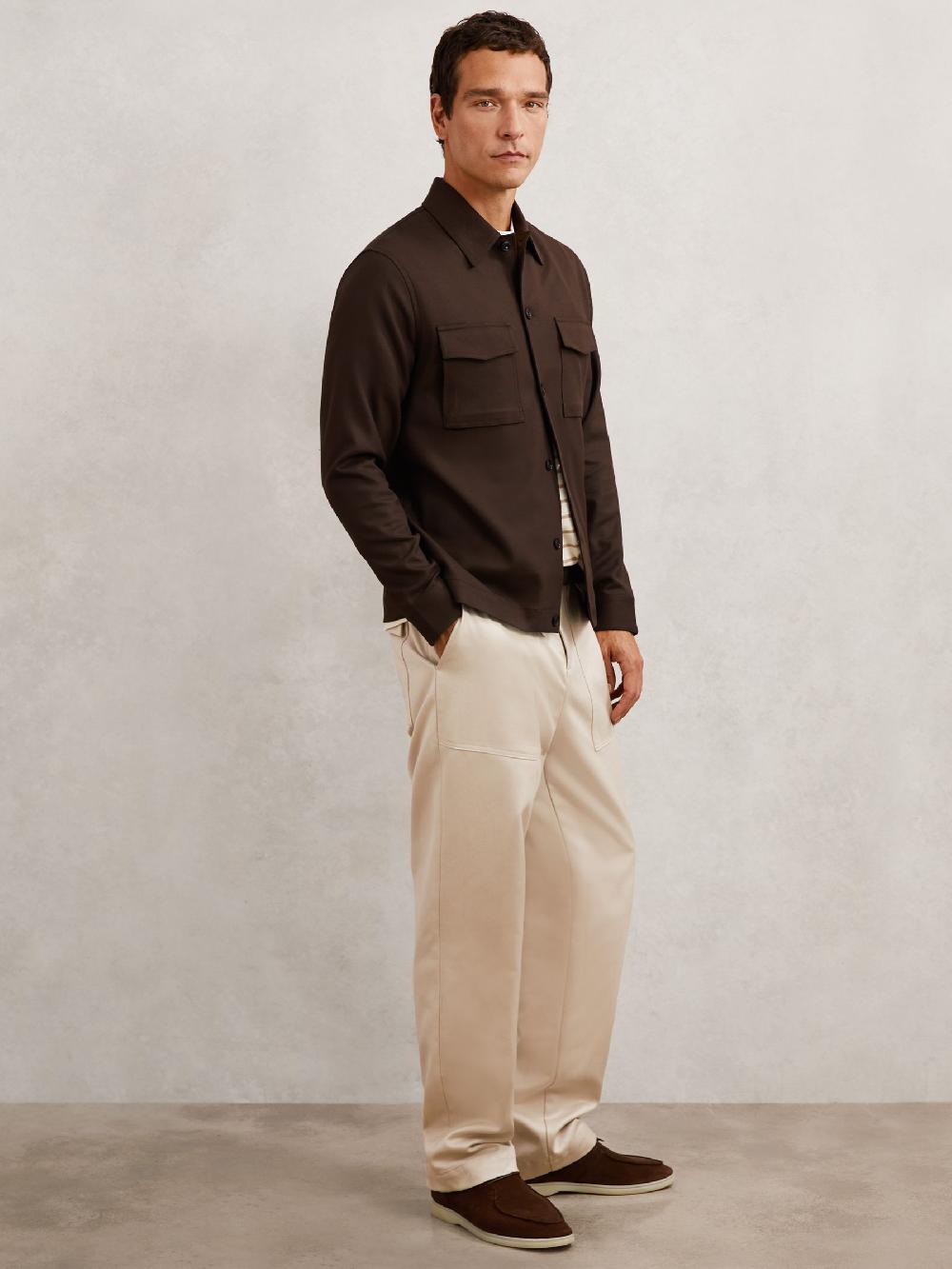 Reiss Twill Twin-Pocket Overshirt In Tobacco Brown