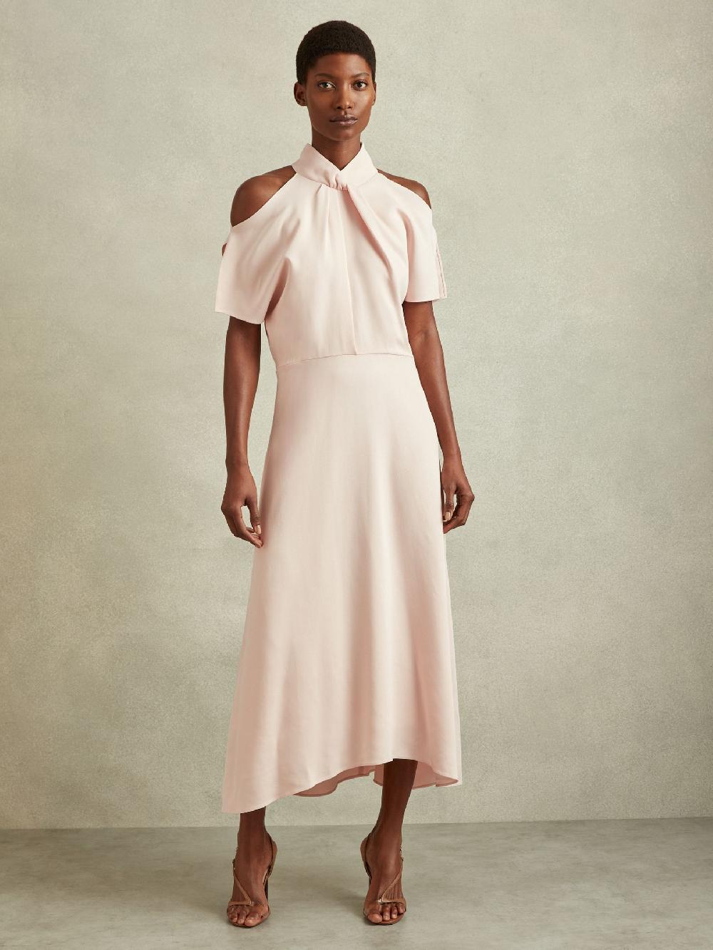 Reiss Twist Neck Cut Out Midi Dress In Nude