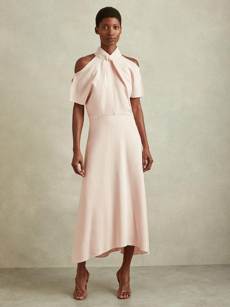 reiss Twist Neck Cut Out Midi Dress in Nude