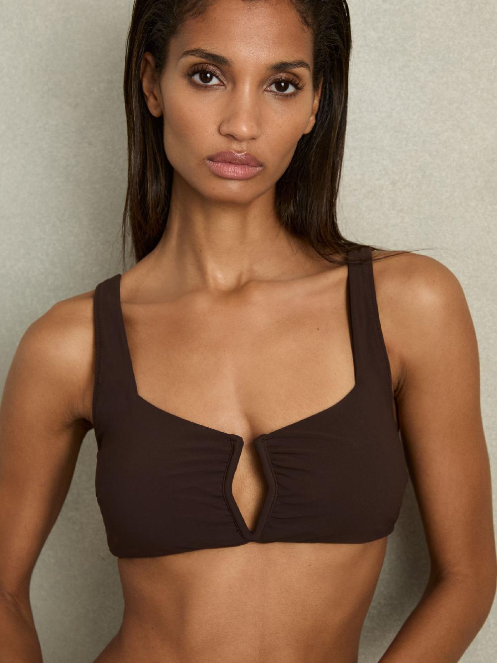 Reiss V-Front Bikini Top In Mocha