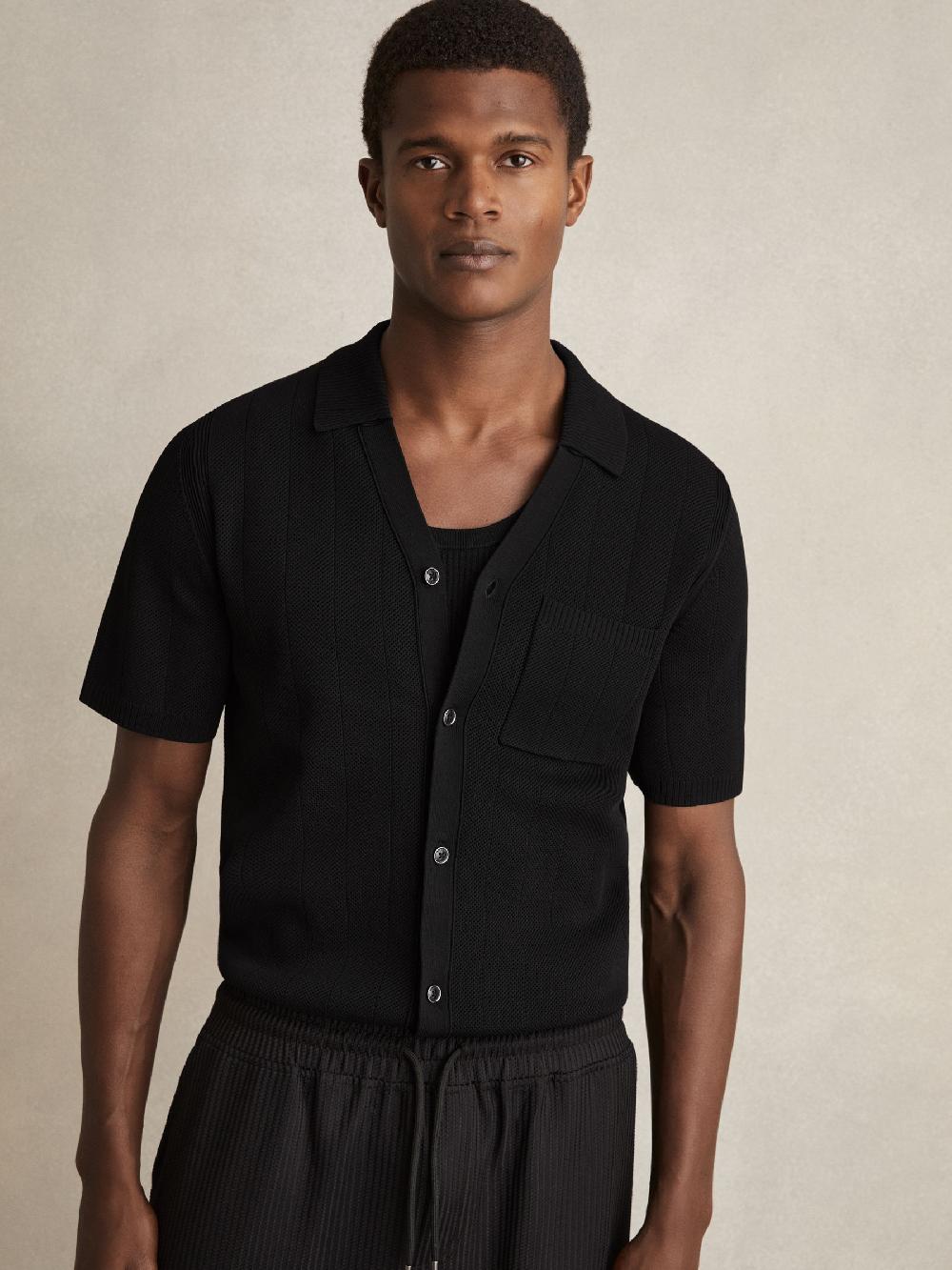 Reiss V-Neck Collar Textured-Knit Shirt In Black