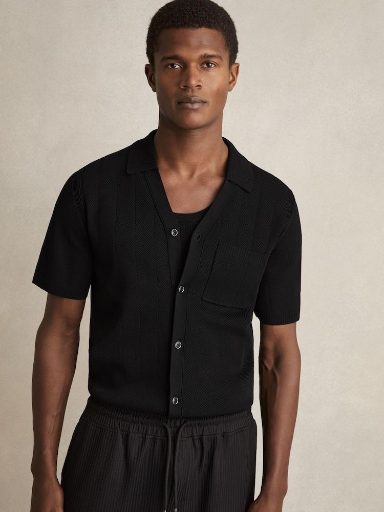 reiss V-Neck Collar Textured-Knit Shirt in Black