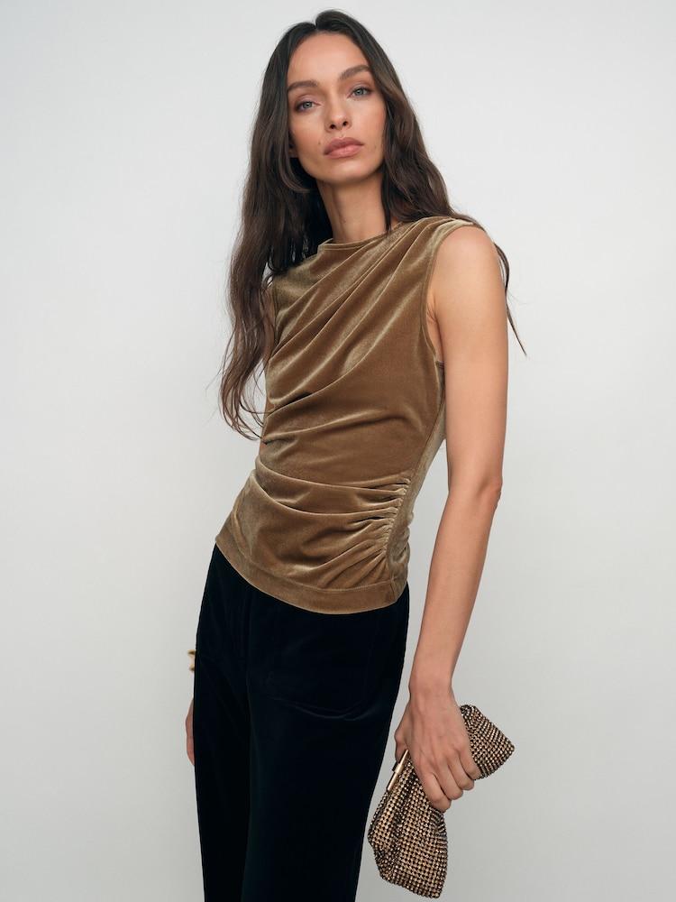 reiss Velvet Drape Sleeveless Top in Gold