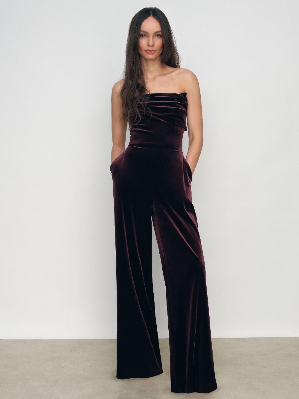 Reiss Velvet Drape Strapless Jumpsuit In Burgundy