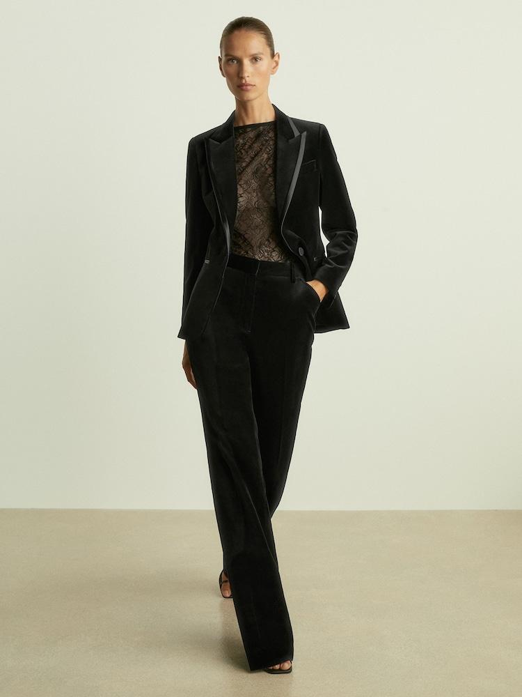 reiss Velvet Flared Suit Trousers in Black