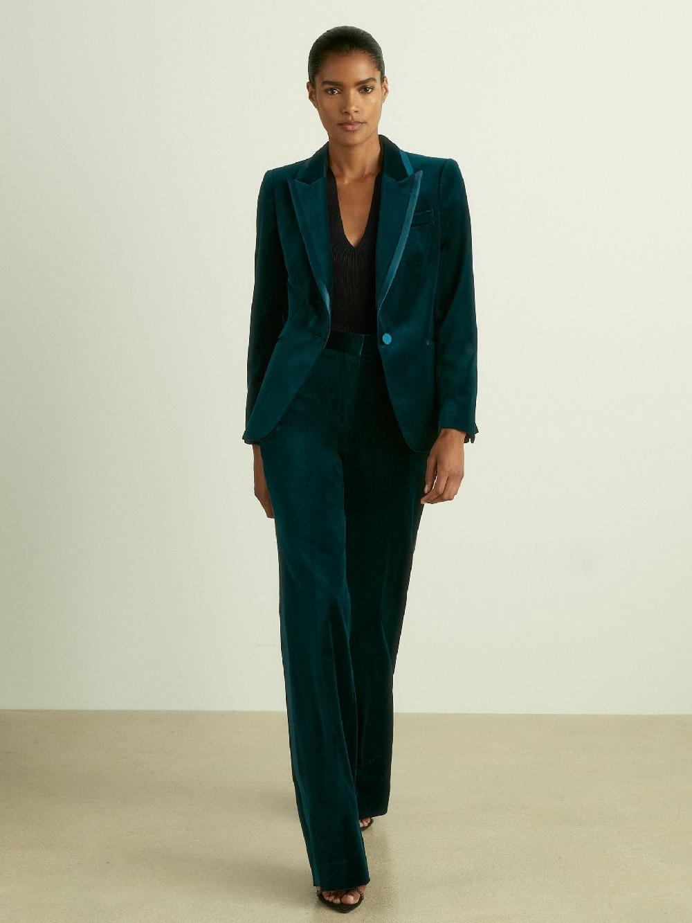Reiss Velvet Flared Suit Trousers In Teal