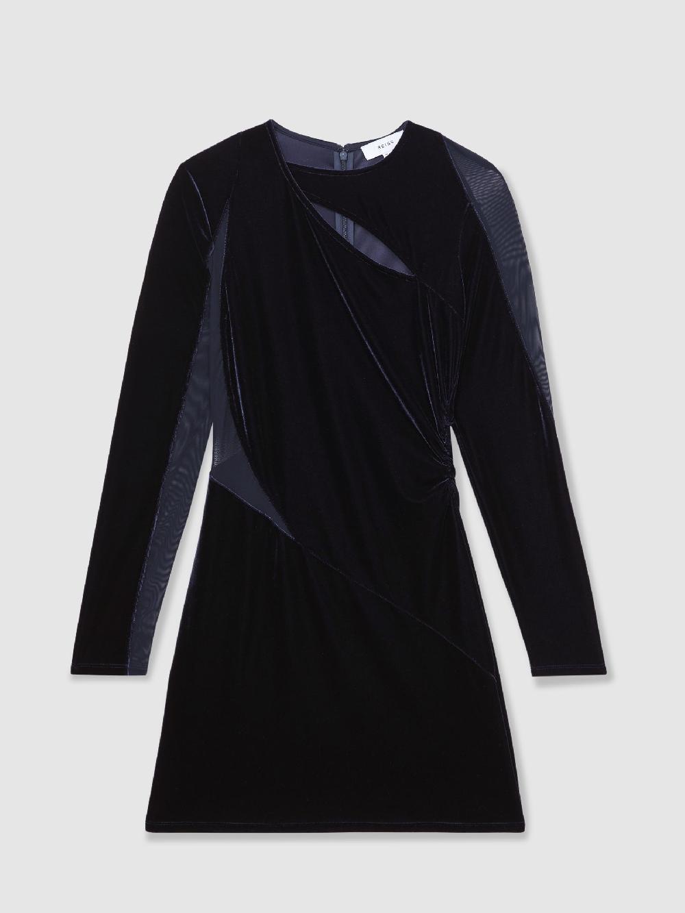 Reiss Velvet Mesh-Panel Mini Dress In Navy