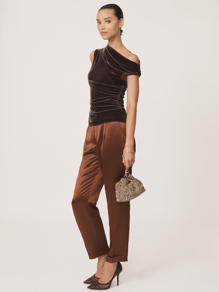 reiss Velvet Off-Shoulder Top in Chocolate Brown