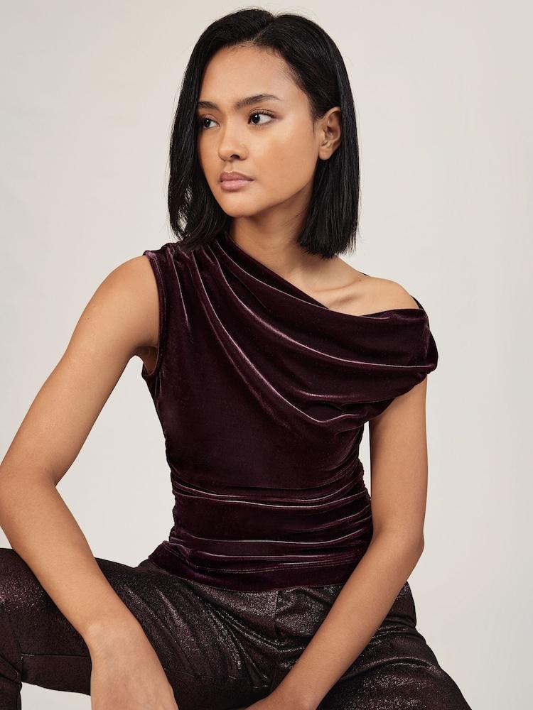 reiss Velvet Off-Shoulder Top in Plum Purple